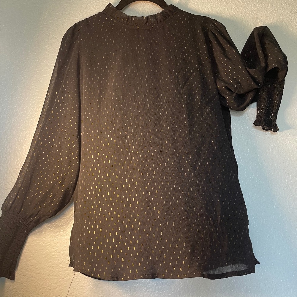 Rachel Zoe Top Womens Medium Black Gold Polka Dot Smocked Cuffs Chiffon Ruffle